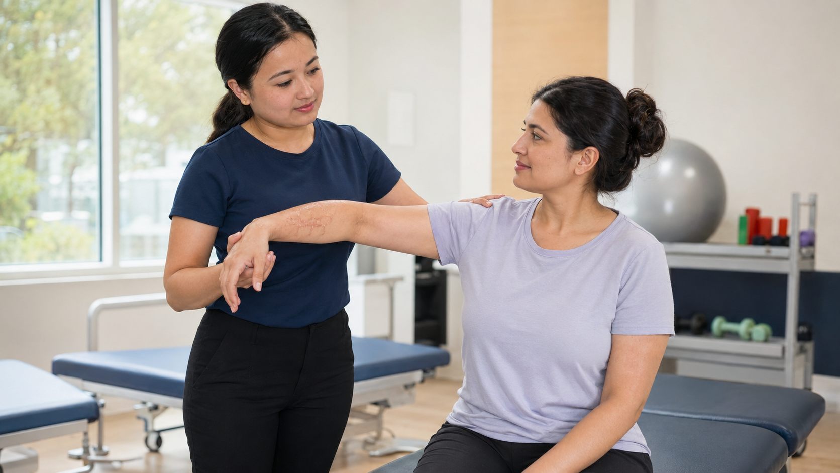Physical therapist supporting arm mobility during burn rehabilitation