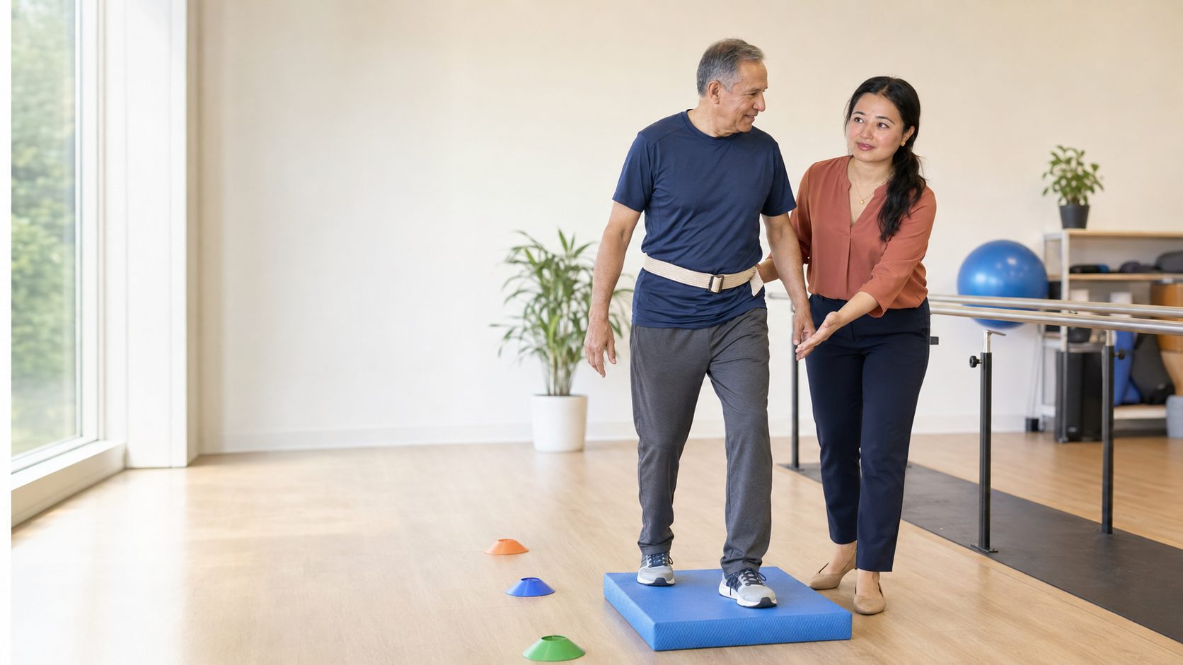 Physical therapist guiding an adult through gait and balance training