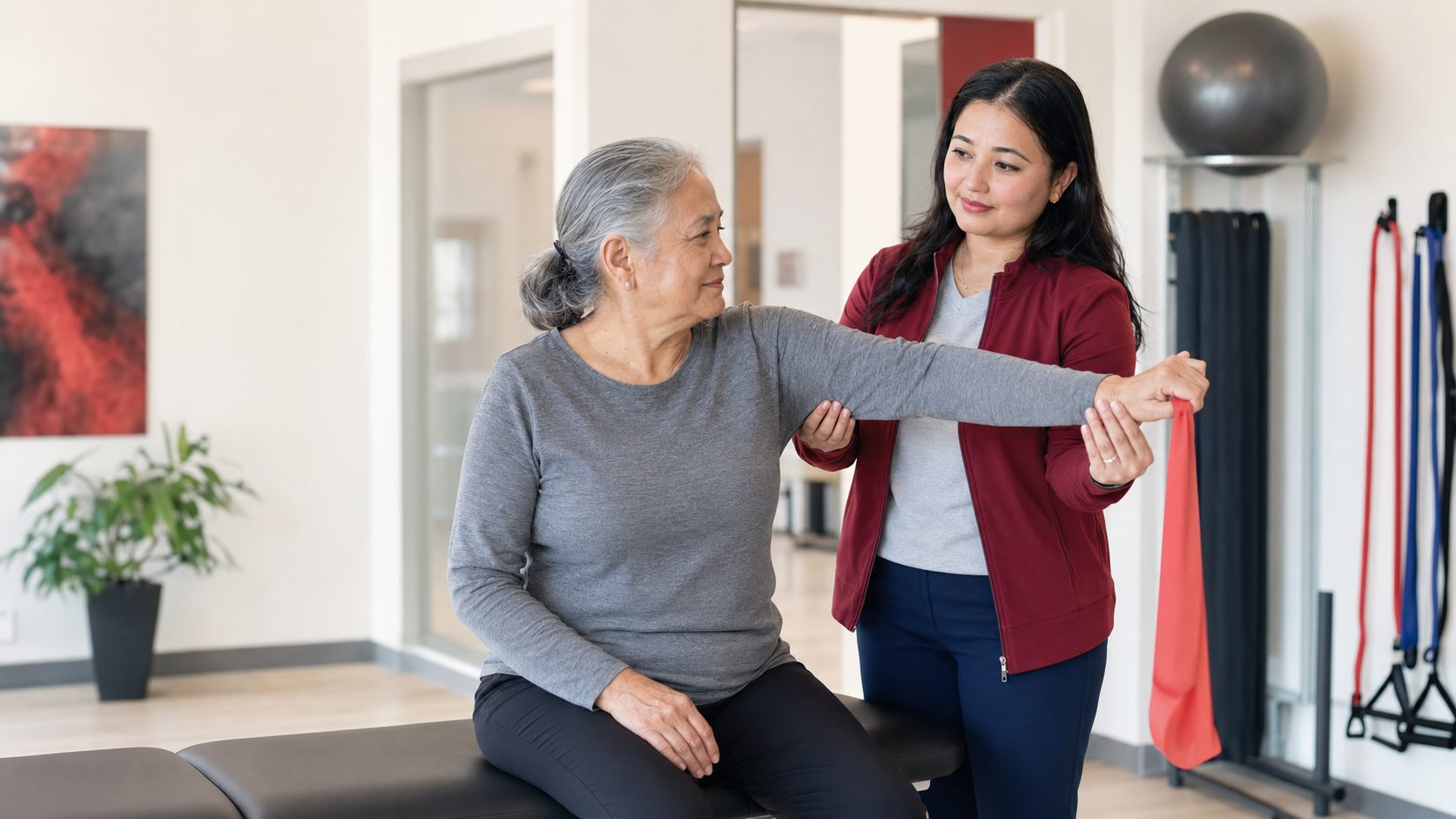 Physical therapist guiding an older adult through orthopedic shoulder rehabilitation