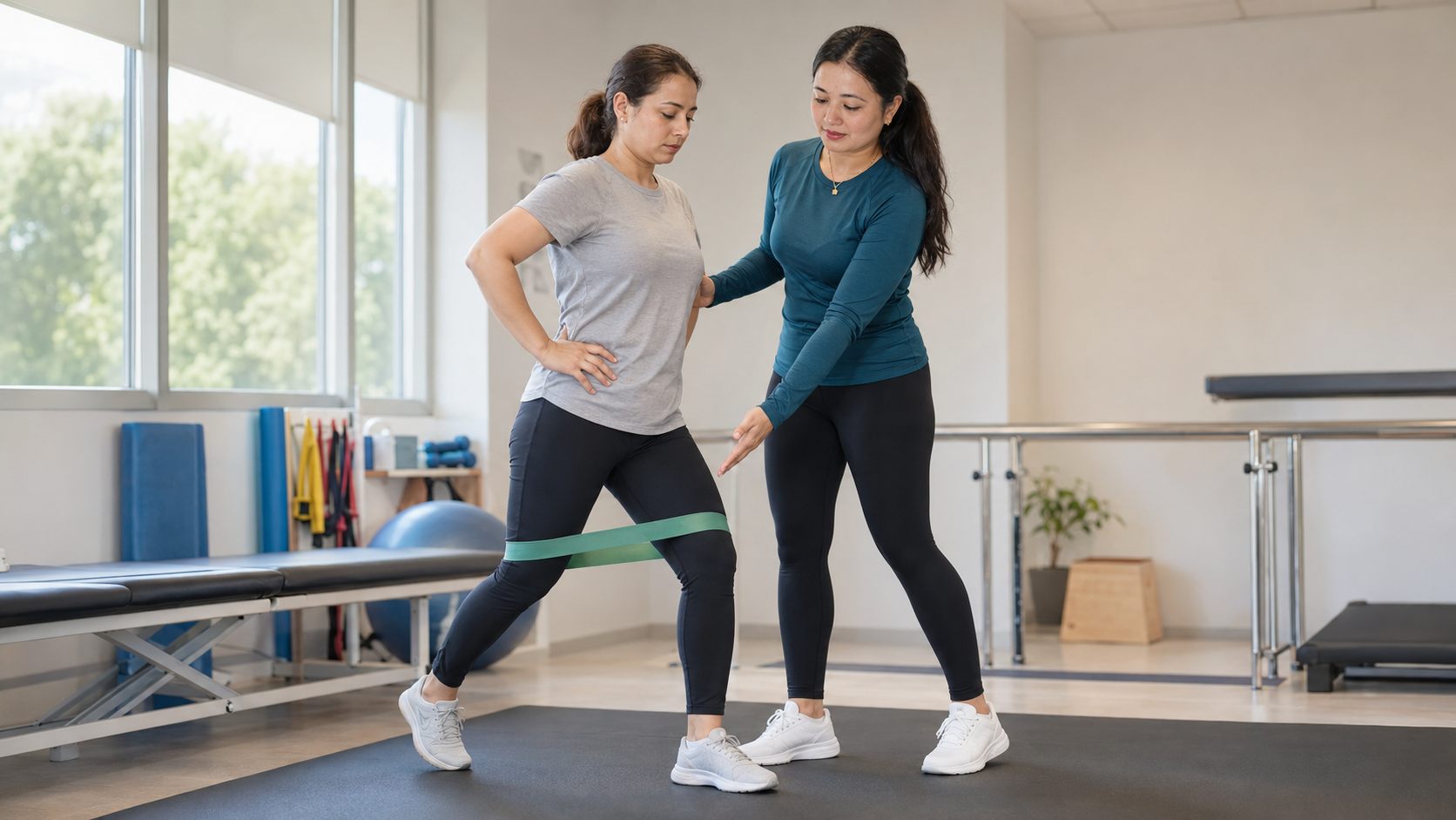 Physical therapist guiding a patient through a functional rehabilitation exercise