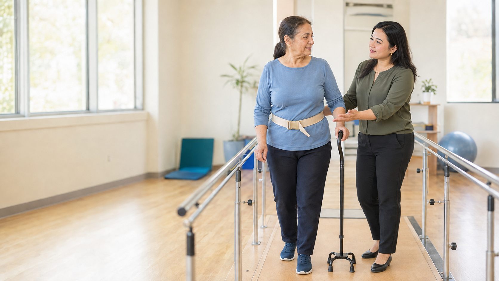 Physical therapist assisting an adult using a walker during stroke rehabilitation gait training